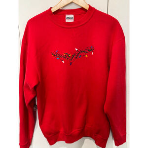 Women's ONEITA Red Power-Sweats Sweatshirt L embroidered Christmas Lights